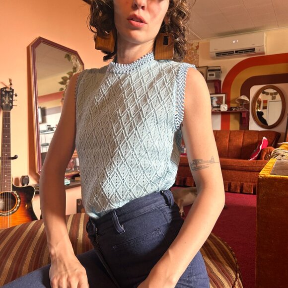 1960s MOD vintage baby blue textured mockneck sleeveless blouse tunic - Made in - Picture 11 of 15